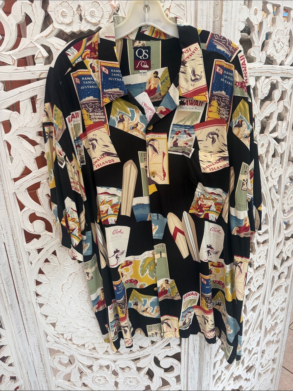 QS Charcoal Black Fiesta Vintage Tiki Hawaiian Button Up Surf Shirt